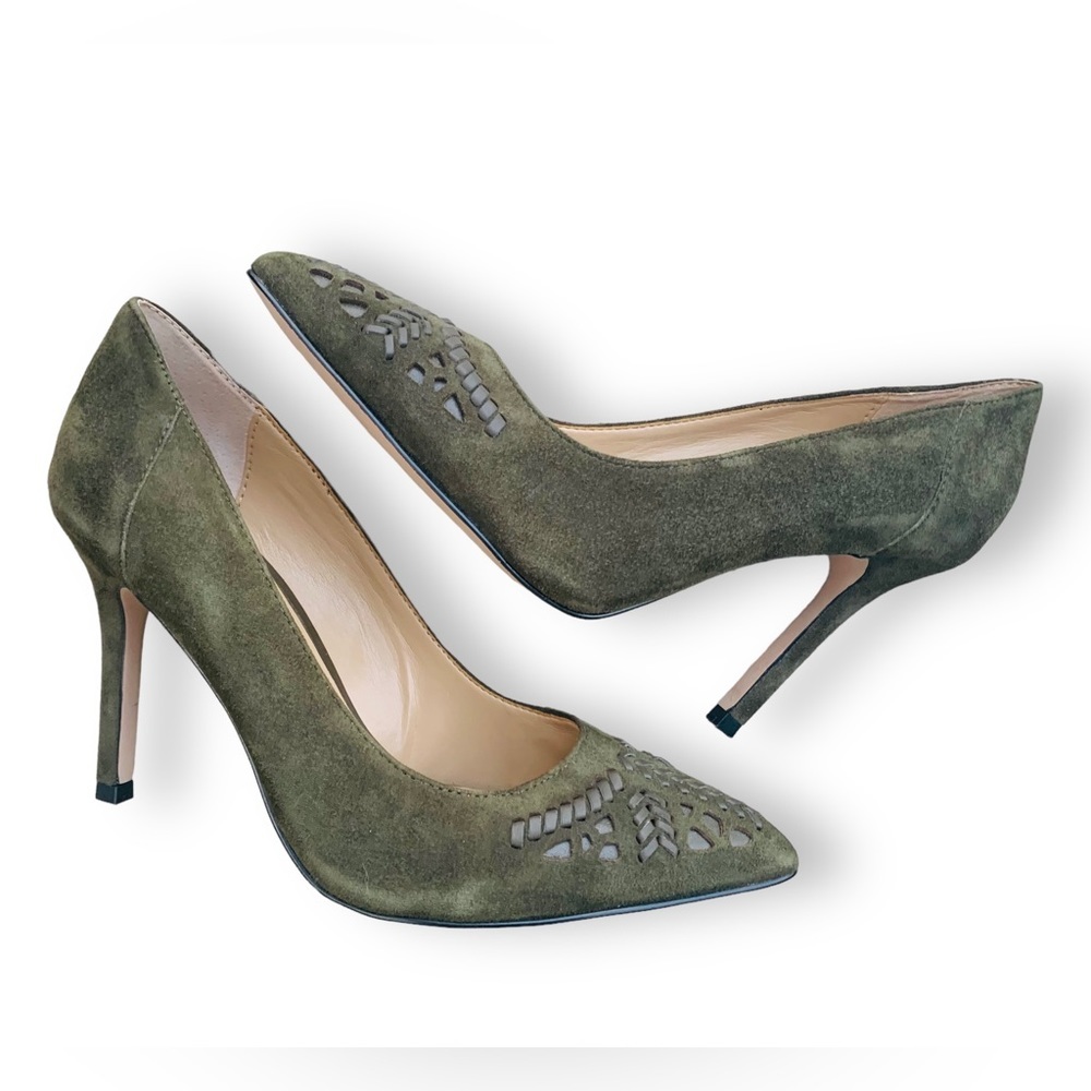 Saks Fifth Avenue Olive Green Suede Braided Heels Size 6.5 - Picture 3 of 10